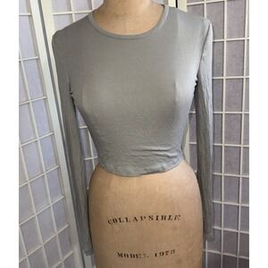 Sunday‎ Best Basic Minimalist Green Ribbed Crop Top Long Sleeve T-shirt Small